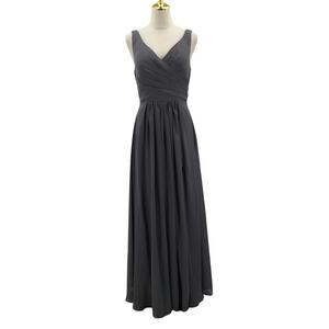 FORMAL PARTY SZ 10 L Charcoal Gray Pleated V-Neck A-Line Maxi Dress NWT B95